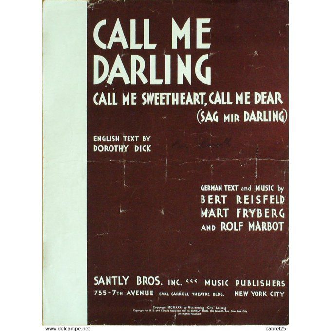 Reisfeld Bert/Fry Fryberg Mart Call Me Darling 1931