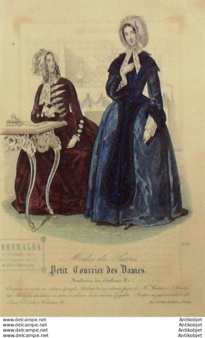 Gravure Mode Courrier des Dames 1844 # 2051 (eau forte old Fashion plate)