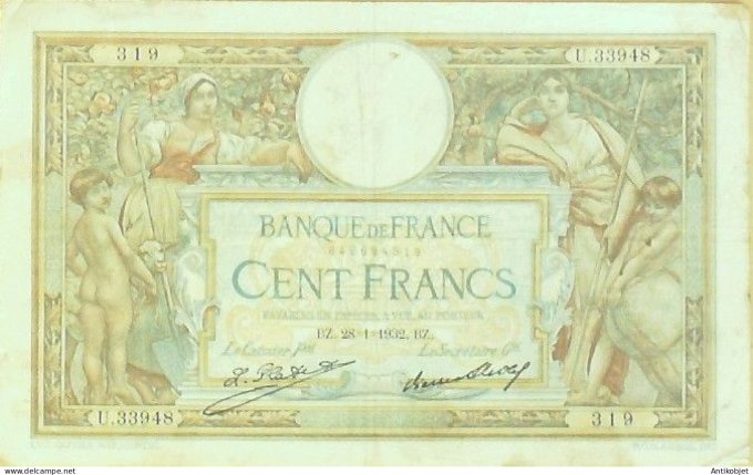 Billet Banque de France 100 francs Luc Olivier Merson Grands Cartouches BZ28=1=1932 TTB+