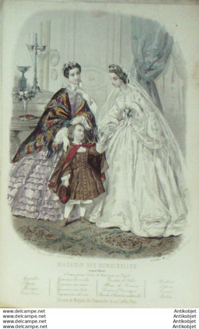 Gravure Mode Magasin Demoiselles 1861 # 10 (aquarellee Old Fashion plate)
