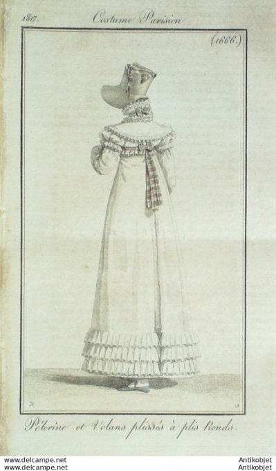 Gravure de mode Costume Parisien 1817 n°1666 Pélerine et volants plissés à plis