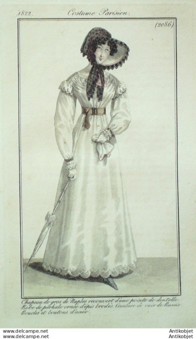 Gravure de mode Costume Parisien 1822 n°2086 Robe perkale ornée d'épis brodés