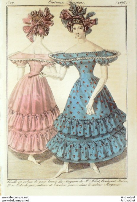 Gravure de mode Costume Parisien 1829 n°2673 Robes de gaze satinées é brochées