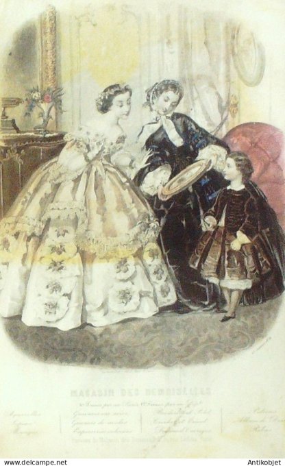 Gravure Mode Magasin Demoiselles 1859 #  1 (aquarellee Old Fashion plate)