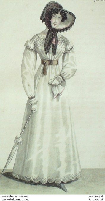 Gravure de mode Costume Parisien 1822 n°2086 Robe perkale ornée d'épis brodés