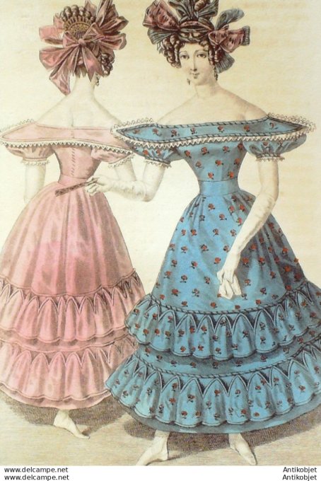 Gravure de mode Costume Parisien 1829 n°2673 Robes de gaze satinées é brochées