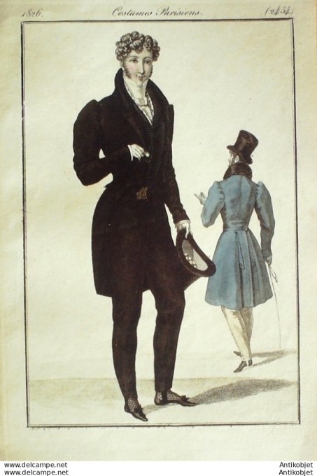 Gravure de mode Costume Parisien 1826 n°2454 Costume gilet homme en pique négligé