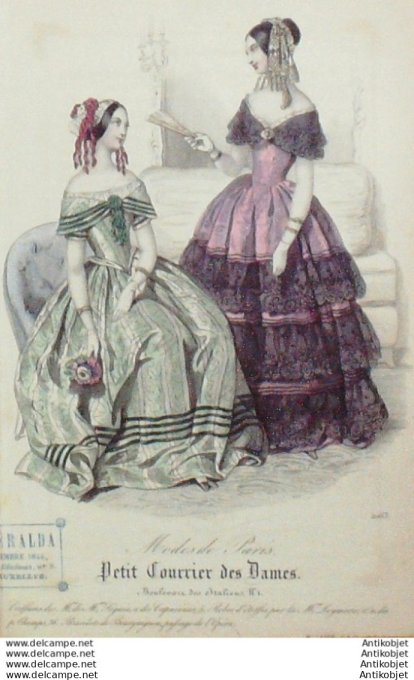 Gravure Mode Courrier des Dames 1844 # 2063 (eau forte old Fashion plate)