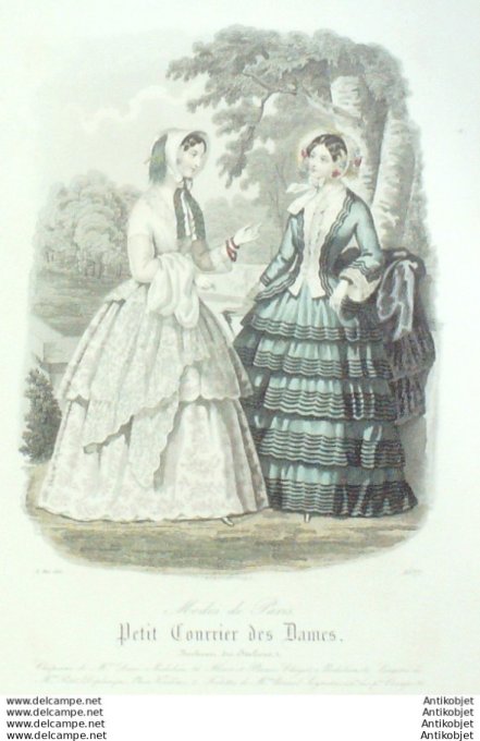 Gravure Mode Courrier des Dames 1851 # 2577 (eau forte old Fashion plate)