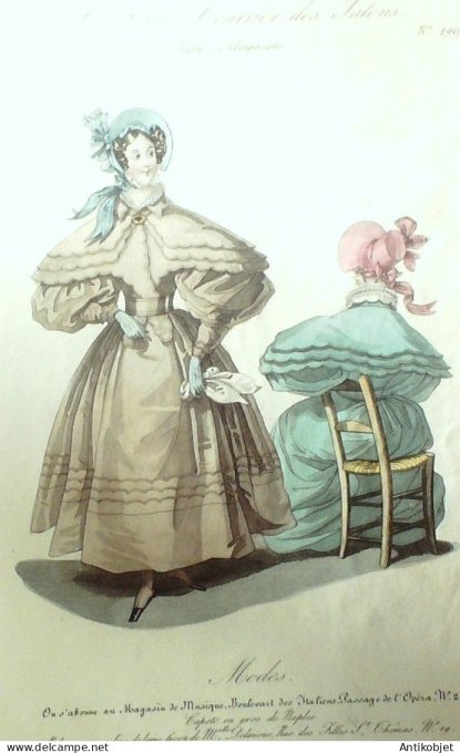 Gravure Mode Le Follet 1830 # 190 (aquarelle Old Fashion plate)