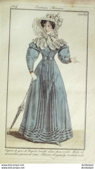 Gravure de mode Costume Parisien 1824 n°2256 Robe mousseline Pélerine d'Organdy