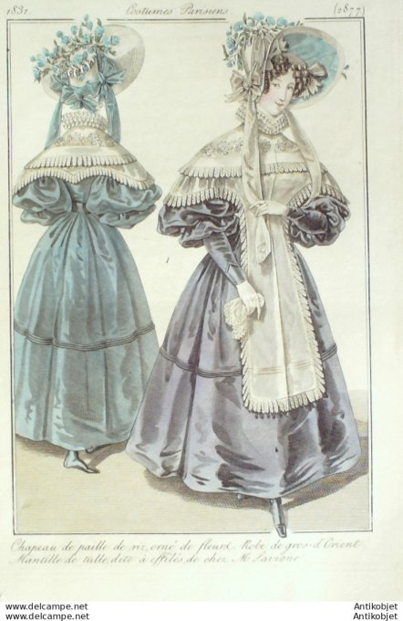 Gravure de mode Costume Parisien 1831 n°2877 Robe de gros d'Orient mantille