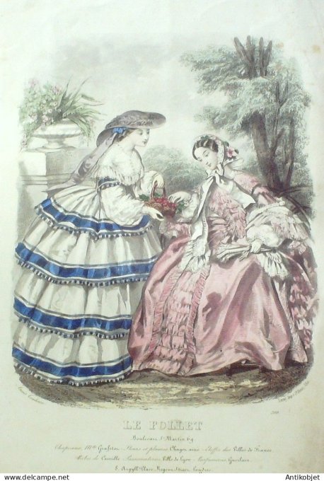 Gravure Mode Le Follet 1858 # 2110 (aquarelle Old Fashion plate)