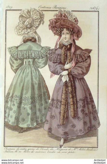 Gravure de mode Costume Parisien 1829 n°2674 Robe Mérinos brodée