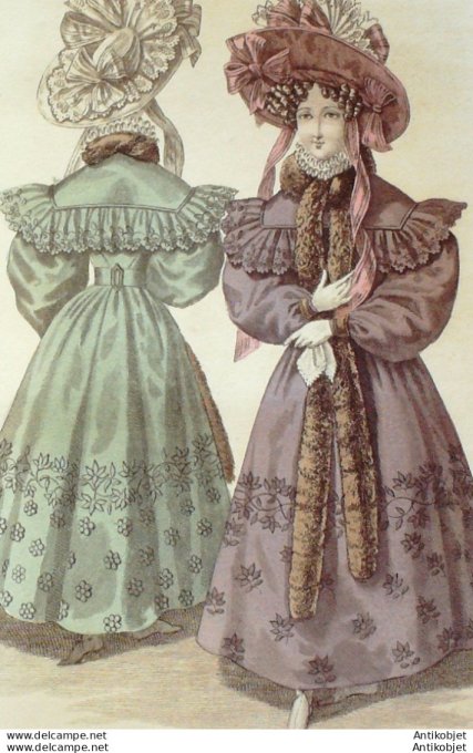 Gravure de mode Costume Parisien 1829 n°2674 Robe Mérinos brodée