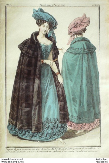 Gravure de mode Costume Parisien 1826 n°2455 Robes de crêpe lisse garnis de bouillons  manteaux