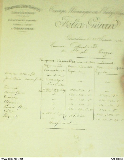 Facture Félix Gérard (Tissage mouchoirs Linges) 1903 Gérardmer (88)