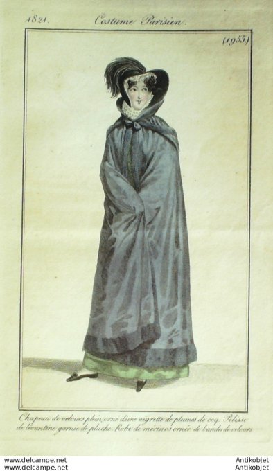Gravure de mode Costume Parisien 1821 n°1955 Pelisse de Lévantine garnie