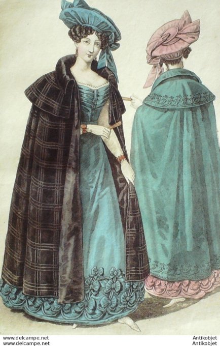 Gravure de mode Costume Parisien 1826 n°2455 Robes de crêpe lisse garnis de bouillons  manteaux