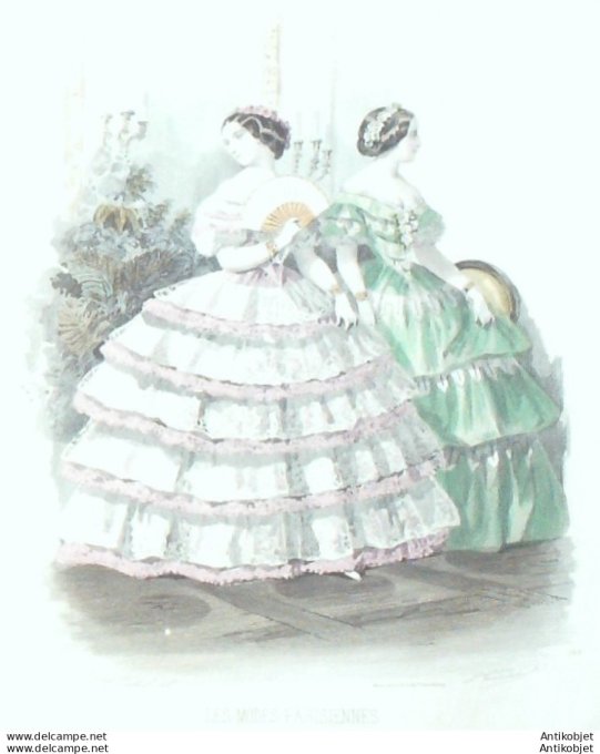 Gravure Les Modes Parisiennes 1854 # 723 Robes en tulle Maison Minette