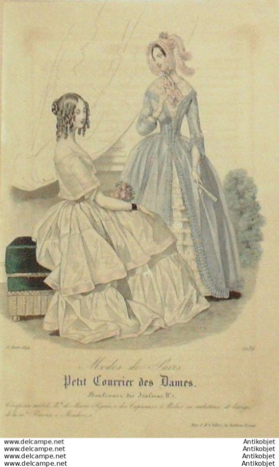 Gravure Mode Courrier des Dames 1844 # 2036 (eau forte old Fashion plate)