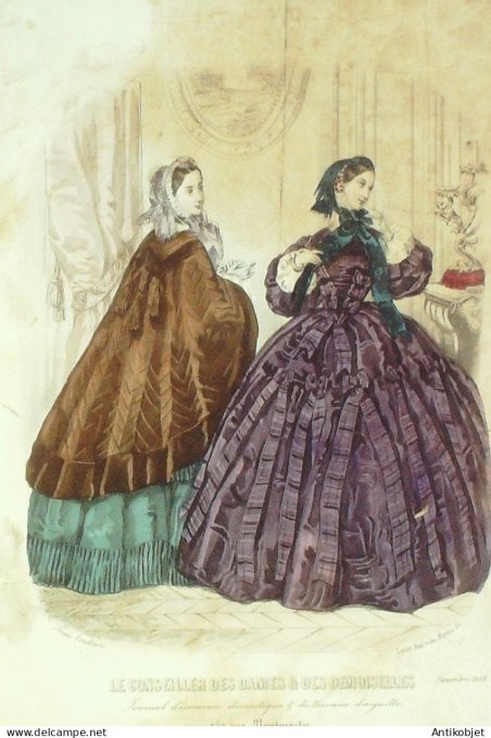 Gravure Mode Conseiller des Dames 1858 # 11 (aquarellee Old Fashion plate)