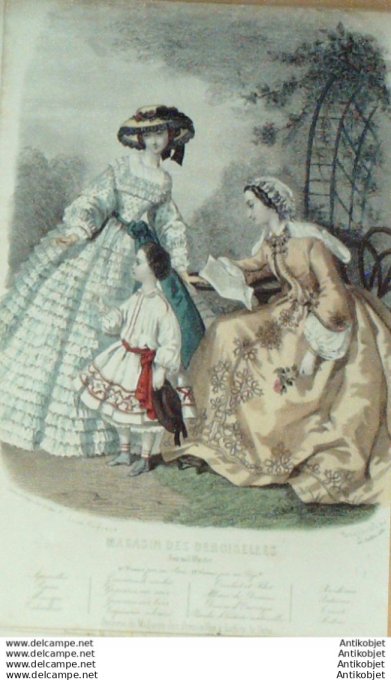 Gravure Mode Magasin Demoiselles 1861 #  7 (aquarellee Old Fashion plate)