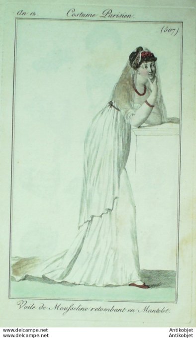 Gravure de mode Costume Parisien 1803 n° 507 (An 12) Mantelet Voile mousseline