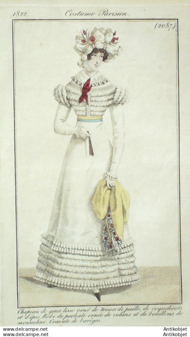 Gravure de mode Costume Parisien 1822 n°2087 Robe perkale ornée de volans