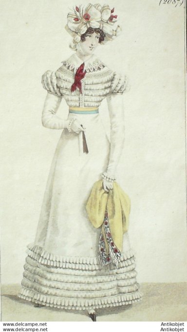 Gravure de mode Costume Parisien 1822 n°2087 Robe perkale ornée de volans