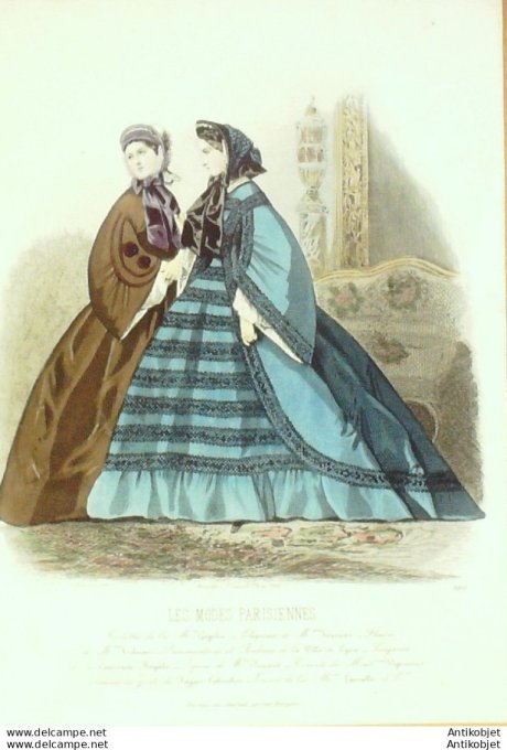 Gravure Les Modes Parisiennes 1861 # 980 Robes en négligé Maison Gagelin