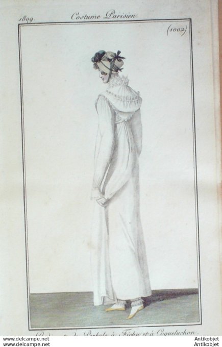 Gravure de mode Costume Parisien 1809 n°1002 Redingote Perkale à fichu
