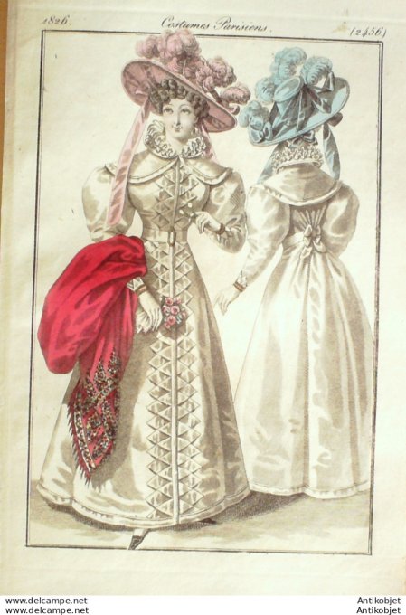 Gravure de mode Costume Parisien 1826 n°2456 Redingotes gros de Naples dents de loup