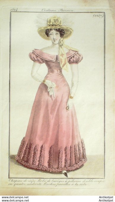 Gravure de mode Costume Parisien 1824 n°2257 Robe de Barèges garnie de ruches