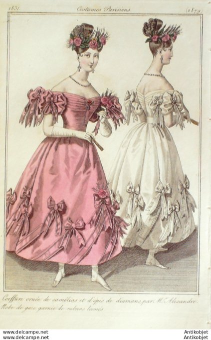 Gravure de mode Costume Parisien 1831 n°2879 Robe de gaze & rubans lamés