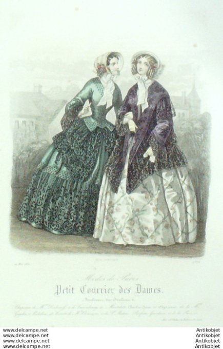 Gravure Mode Courrier des Dames 1851 # 2576 Robes taffetas & tartalane