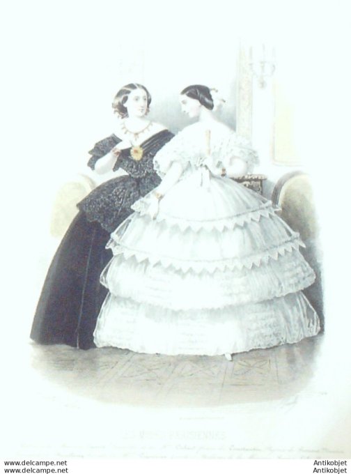 Gravure Les Modes Parisiennes 1854 # 724 Robes dentelles Maison Fauvet