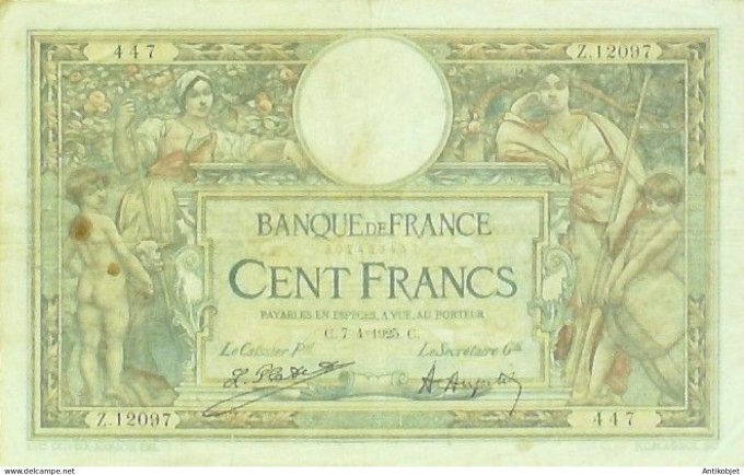 Billet Banque de France 100 francs Luc Olivier Merson Grands Cartouches C.7=4=1925 TTB