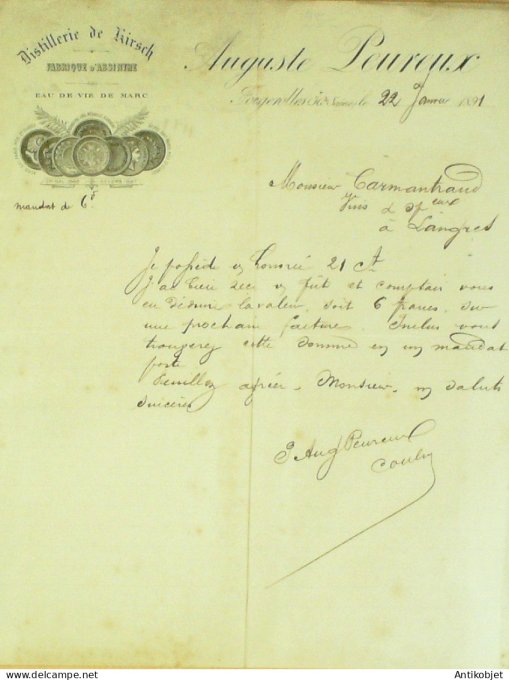 Lettre Ciale Auguste Peureux (Distillerie de Kirsch) 1891 à Fougerolles (70)