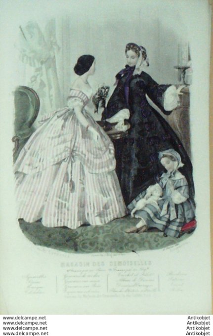 Gravure Mode Magasin Demoiselles 1860 #  2 (aquarellee Old Fashion plate)