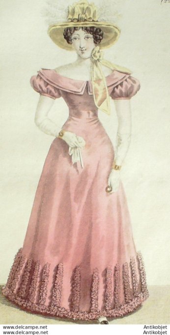 Gravure de mode Costume Parisien 1824 n°2257 Robe de Barèges garnie de ruches