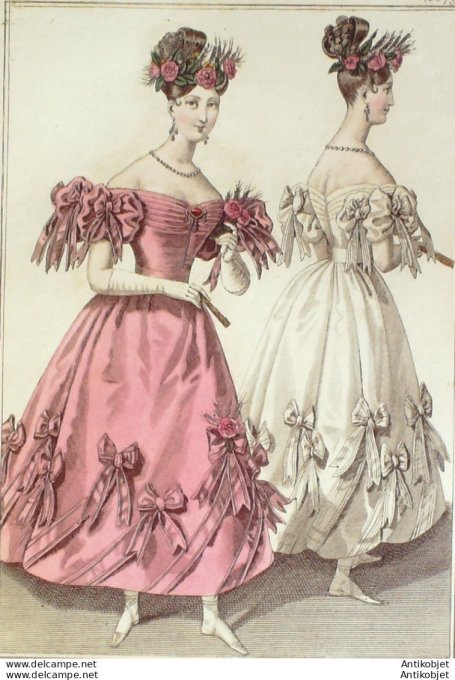 Gravure de mode Costume Parisien 1831 n°2879 Robe de gaze & rubans lamés