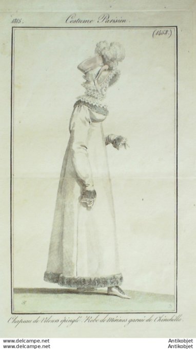 Gravure de mode Costume Parisien 1815 n°1458 Robe mérinos garni de Chinchilla