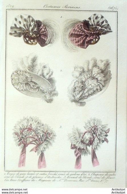 Costume Parisien 1829 # 2675 Toques de gaze chapeaux plumes