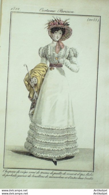 Gravure de mode Costume Parisien 1822 n°2088 Robe perkale et mousseline