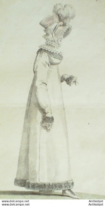 Gravure de mode Costume Parisien 1815 n°1458 Robe mérinos garni de Chinchilla