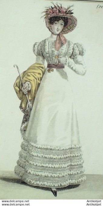 Gravure de mode Costume Parisien 1822 n°2088 Robe perkale et mousseline