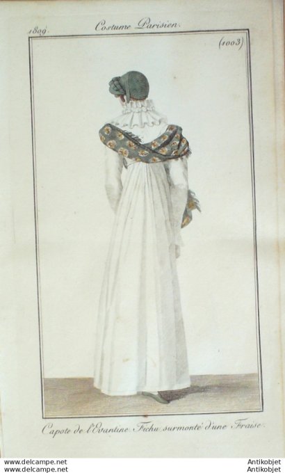 Gravure de mode Costume Parisien 1809 n°1003 Fichu surmonté d'une fraise