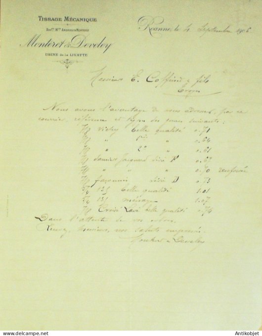 Facture Monteret & Develey (tissage mécanique) 1906 Roanne (42)