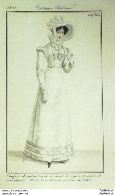 Gravure de mode Costume Parisien 1821 n°1956 Robe de cahemire garnie